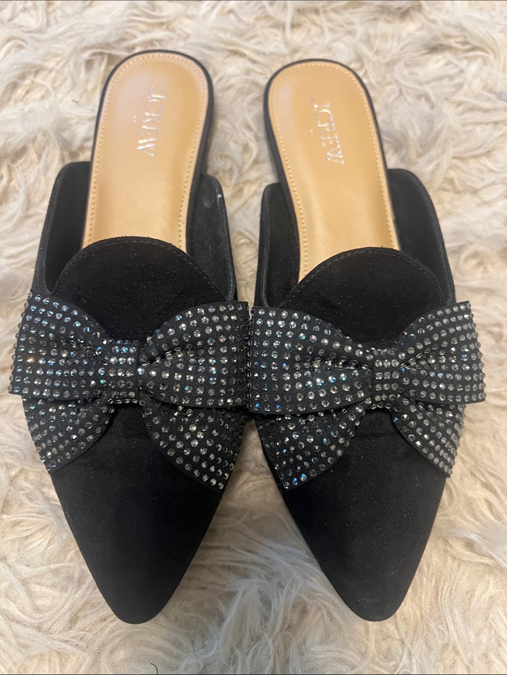 J. Crew Black Pointed-Toe Mule with Crystal Bow